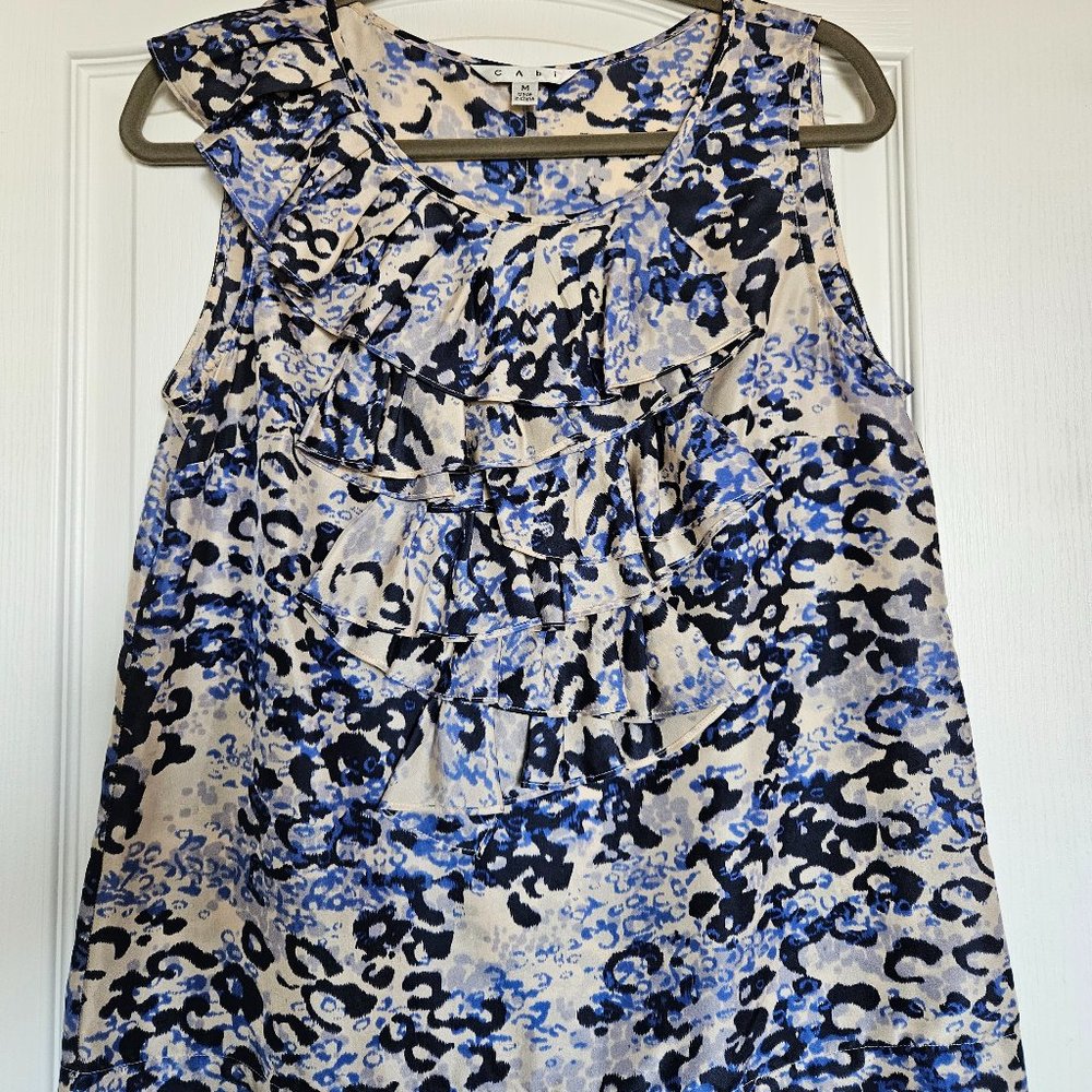 VINTAGE CAbi Top 100% Silk Cascading Ruffle Sleeveless Round Neck Sz Med